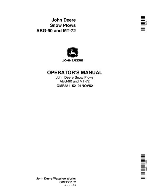 John Deere Snow Plows ABG-90, MT-72 OMF221152 Operators and Maintenance Manual PDF Download