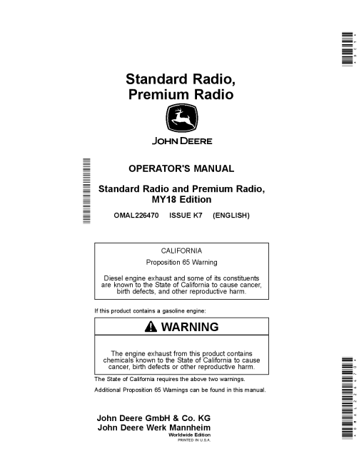 John Deere Standard Radio, Premium Radio OMAL226470 Operators and Maintenance Manual PDF Download