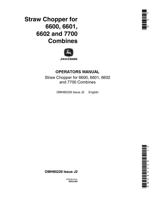 John Deere Straw Chopper for 6600, 6601, 6602, 7700 Combines OMH85226 Operators and Maintenance Manual PDF Download