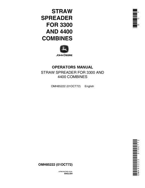 John Deere Straw Spreader for 3300, 4400 Combines OMH85222 Operators and Maintenance Manual PDF Download