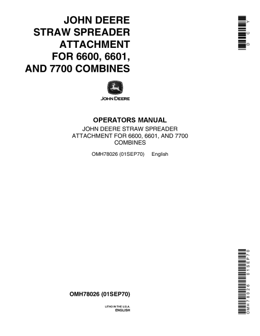 John Deere Straw Spreader for 6600, 6601, 7700 Combines OMH78026 Operators and Maintenance Manual PDF Download