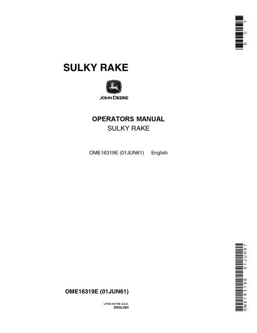 John Deere Sulky Rake OME16319E Operators and Maintenance Manual PDF Download