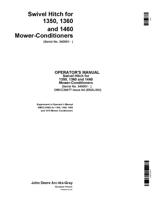 John Deere Swivel Hitch for 1350, 1360 and 1460 Mower-Conditioners (340001-) OMCC39477 Operators and Maintenance Manual PDF Download