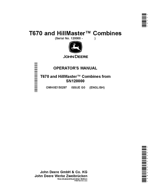 John Deere T670 and HillMaster Combines (120000-) OMHXE150297 Operators and Maintenance Manual PDF Download