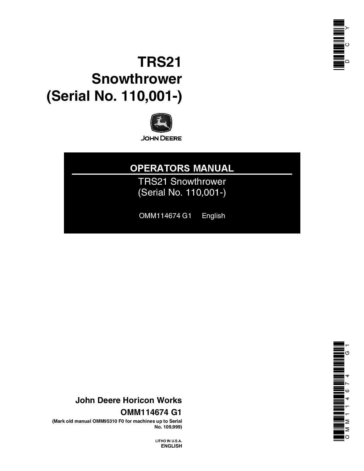 John Deere TR521E, TR521 Walk-Behind Snow Thrower OMM114674 Operators and Maintenance Manual PDF Download