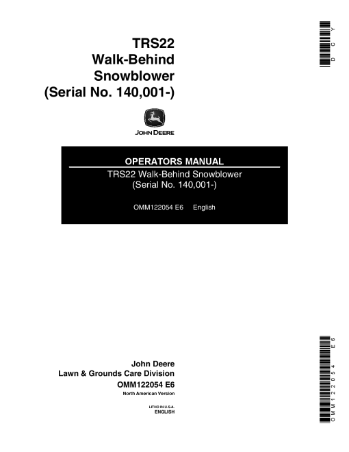 John Deere TR522 Walk-Behind Snowblowers (140001-) OMM122054 Operators and Maintenance Manual PDF Download