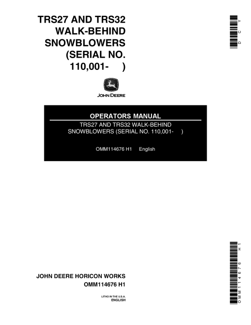 John Deere TR527, TR532 Walk-Behind Snow Blowers OMM114676 Operators and Maintenance Manual PDF Download