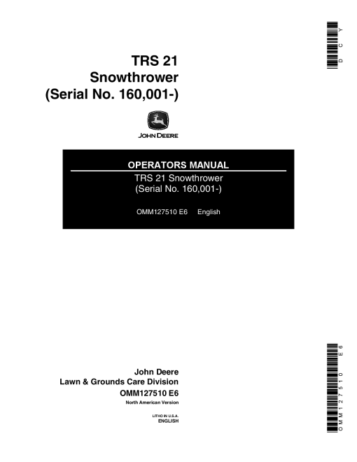 John Deere TRS21E, TRS21 Walk-Behind Snow Thrower OMM127510 Operators and Maintenance Manual PDF Download
