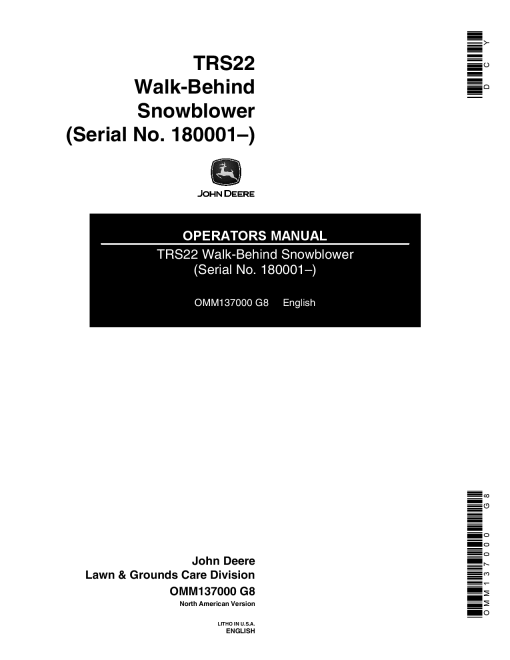 John Deere TRS22 Walk-Behind Snowblower (180001-) OMM137000 Operators and Maintenance Manual PDF Download