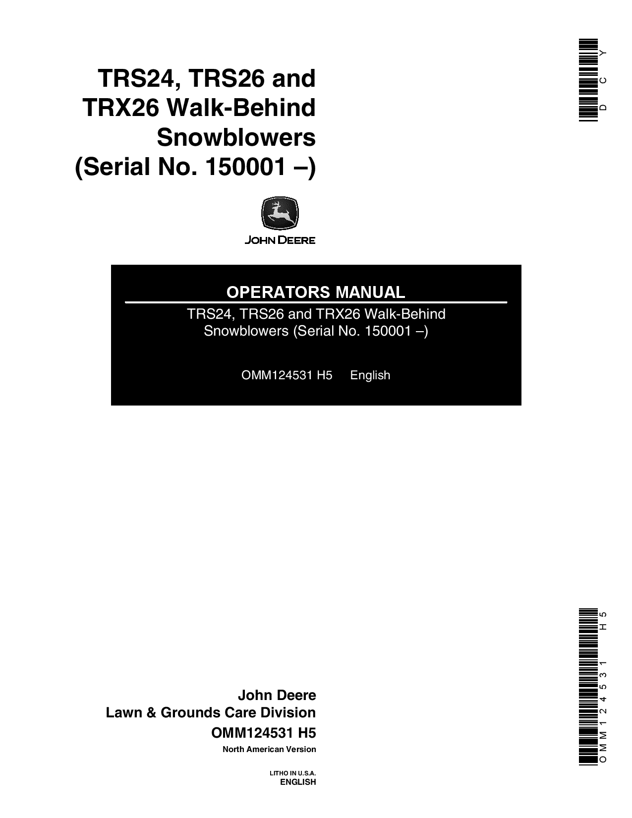 John Deere TRS24, TRS26 Walk-Behind Snowblowers OMM124531 Operators and Maintenance Manual PDF Download