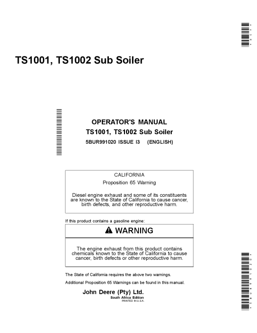 John Deere TS1001, TS1002 Sub Soiler 5BUR991020 Operators and Maintenance Manual PDF Download