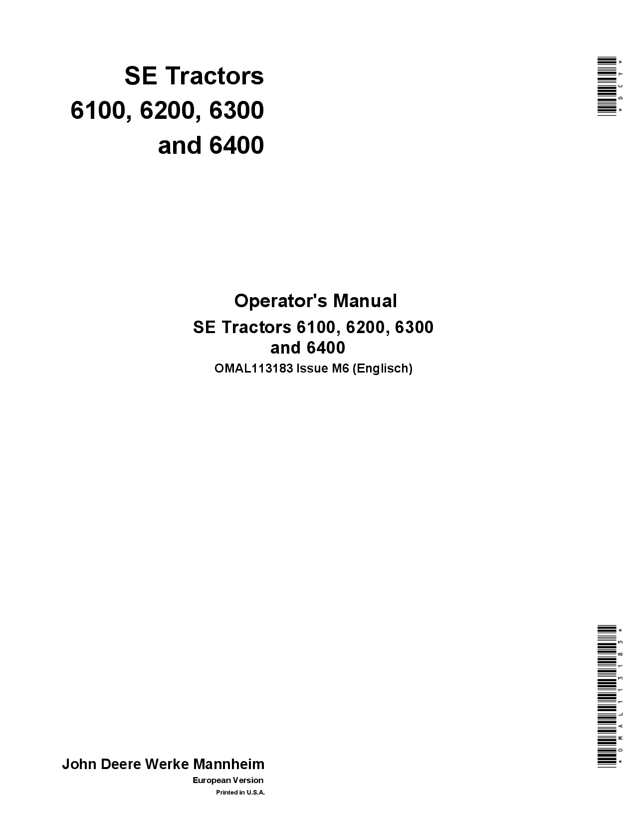 John Deere Tractors SE 6100, SE 6200, SE 6300, and SE 6400 OMAL113183 Operators and Maintenance Manual PDF Download