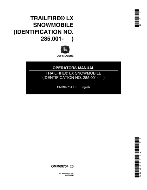 John Deere Trailfire LX Snowmobiles (285001- ) OMM69754 Operators and Maintenance Manual PDF Download