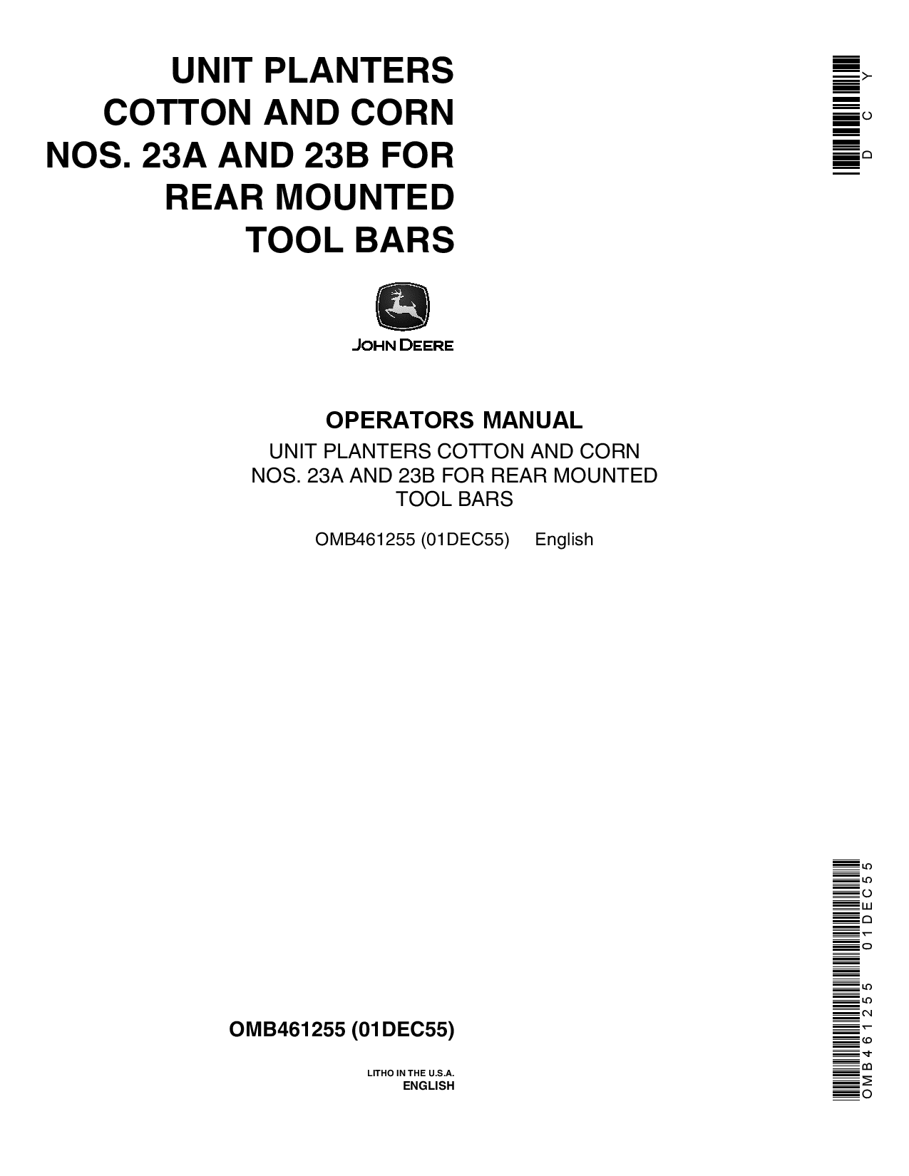 John Deere Unit Planters - Cotton & Corn Nos. 23A, 23B for Rear Mounted Tool Bars OMB461255 Operators and Maintenance Manual PDF Download