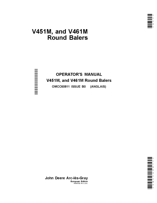 John Deere V451M and V461M Round Balers OMCC60811 Operators and Maintenance Manual PDF Download