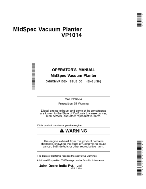 John Deere VP1014 MidSpec Vacuum Planters 5MHOMVP10EN Operators and Maintenance Manual PDF Download