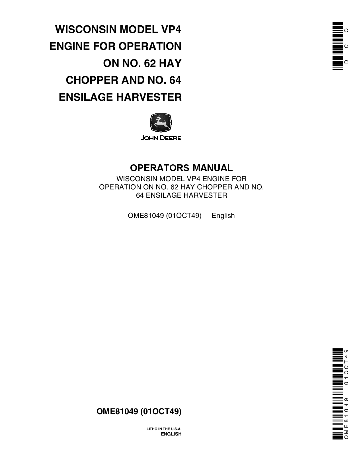 John Deere VP4 Wisconsin Engine for Operation on No. 62 Hay Chopper, 64 Ensilage Harvester OME81049 Operators and Maintenance Manual PDF Download