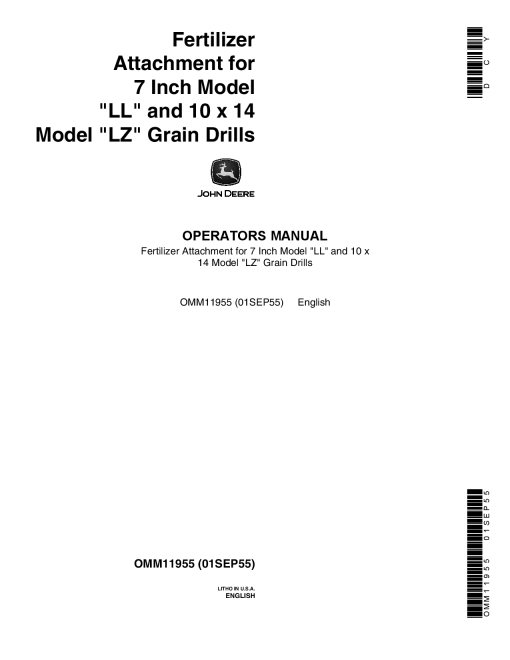 John Deere Van Brunt Fertilizer Attachment for 7-In.Model LL and 10 x14 Model LZ Grain Drills OMM11955 Operators and Maintenance Manual PDF Download