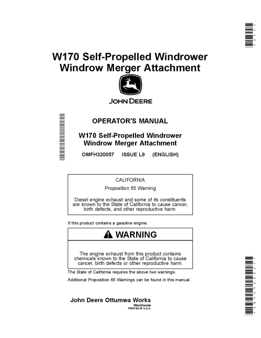 John Deere W150, W155 Self-Propelled Windrower Windrow Merger Attachment OMFH320057 Operators and Maintenance Manual PDF Download