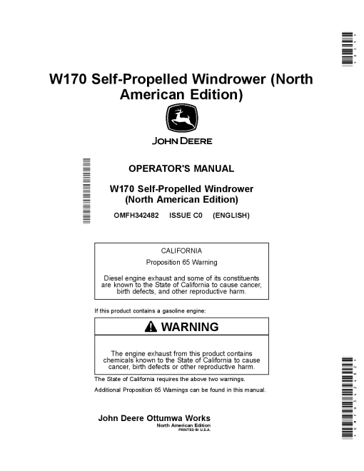 John Deere W170 Self-Propelled Windrower OMFH342482 Operators and Maintenance Manual PDF Download