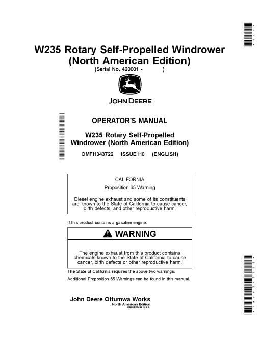 John Deere W235 Rotary Self-Propelled Windrower (420001-) OMFH343722 Operators and Maintenance Manual PDF Download