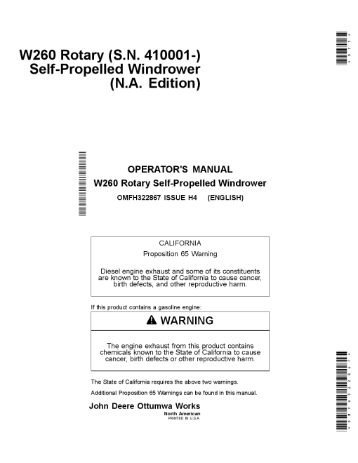 John Deere W260 Rotary Self-Propelled Windrower North American Edition (410001-420000) OMFH322867 Operators and Maintenance Manual PDF Download