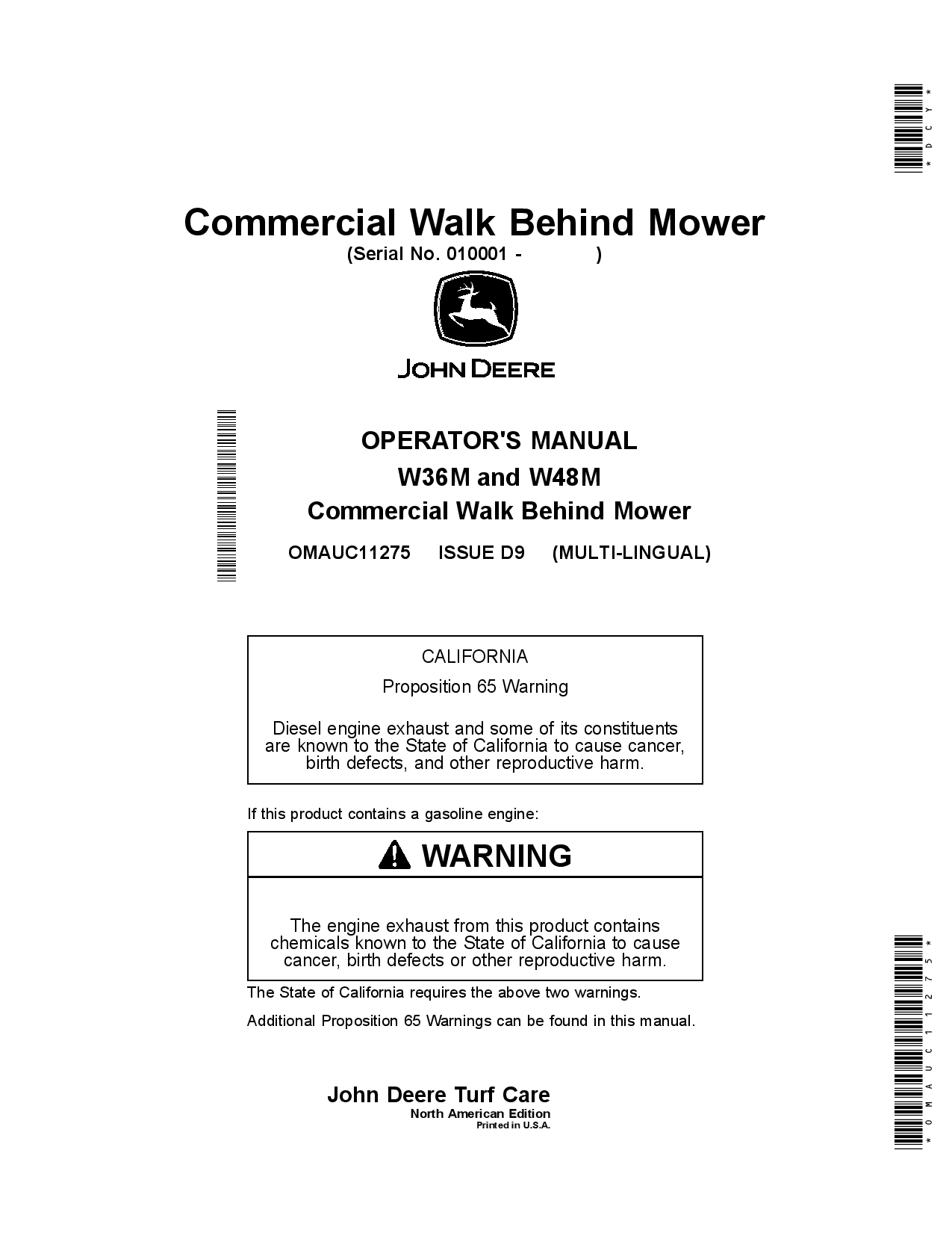 John Deere W36M & W48M Commercial Walk Behind Mower OMAUC11275 Operators and Maintenance Manual PDF Download