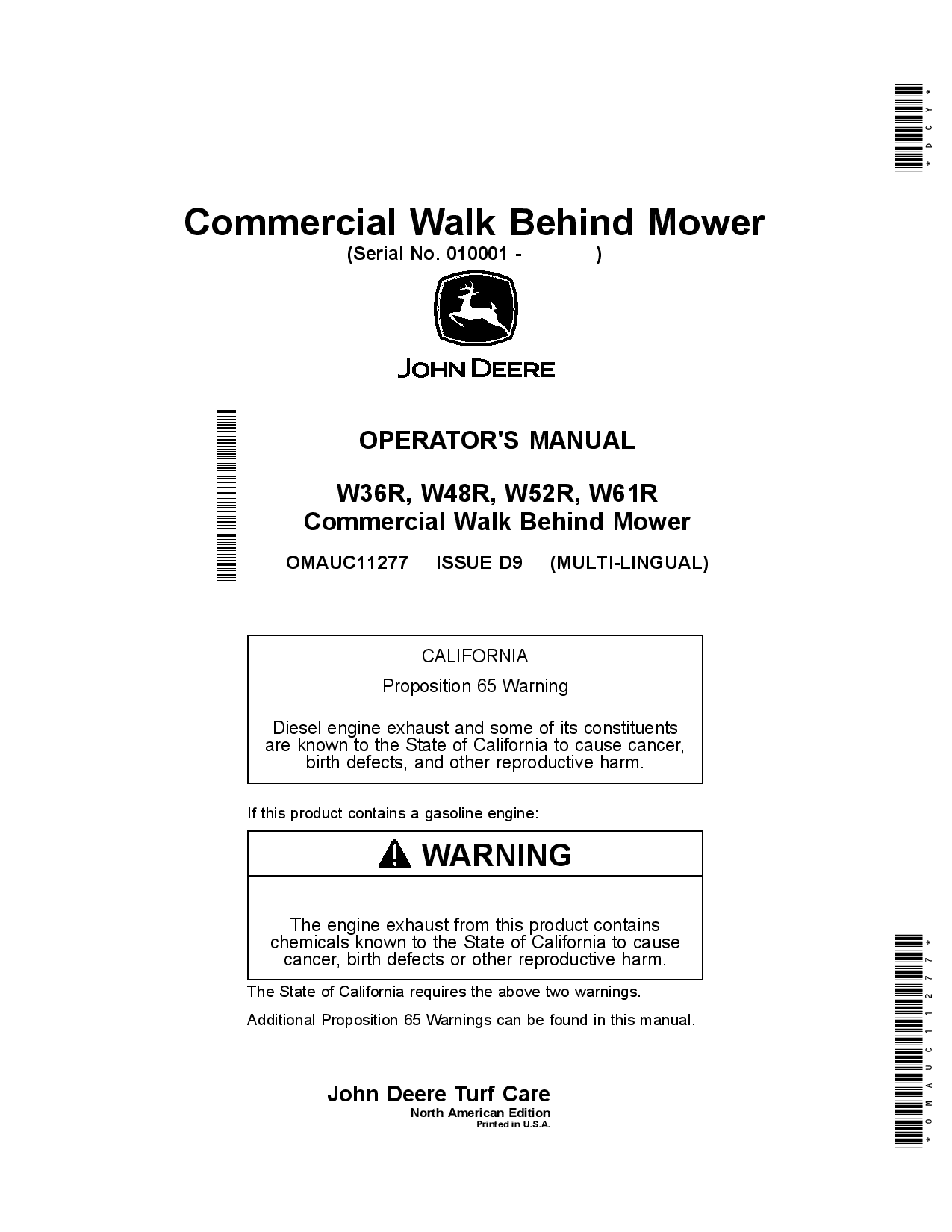 John Deere W36R, W48R, W52R & W61R Commercial Walk Behind Mowers OMAUC11277 Operators and Maintenance Manual PDF Download