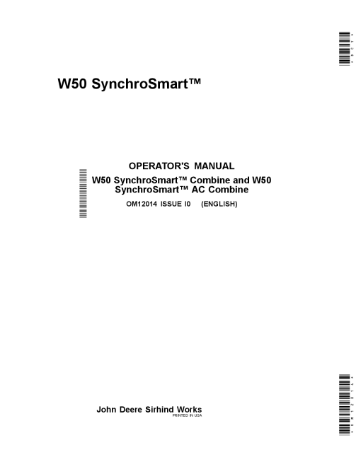 John Deere W50 Combine SynchroSmart and W50 Combine SynchroSmart AC OM12014 Operators and Maintenance Manual PDF Download