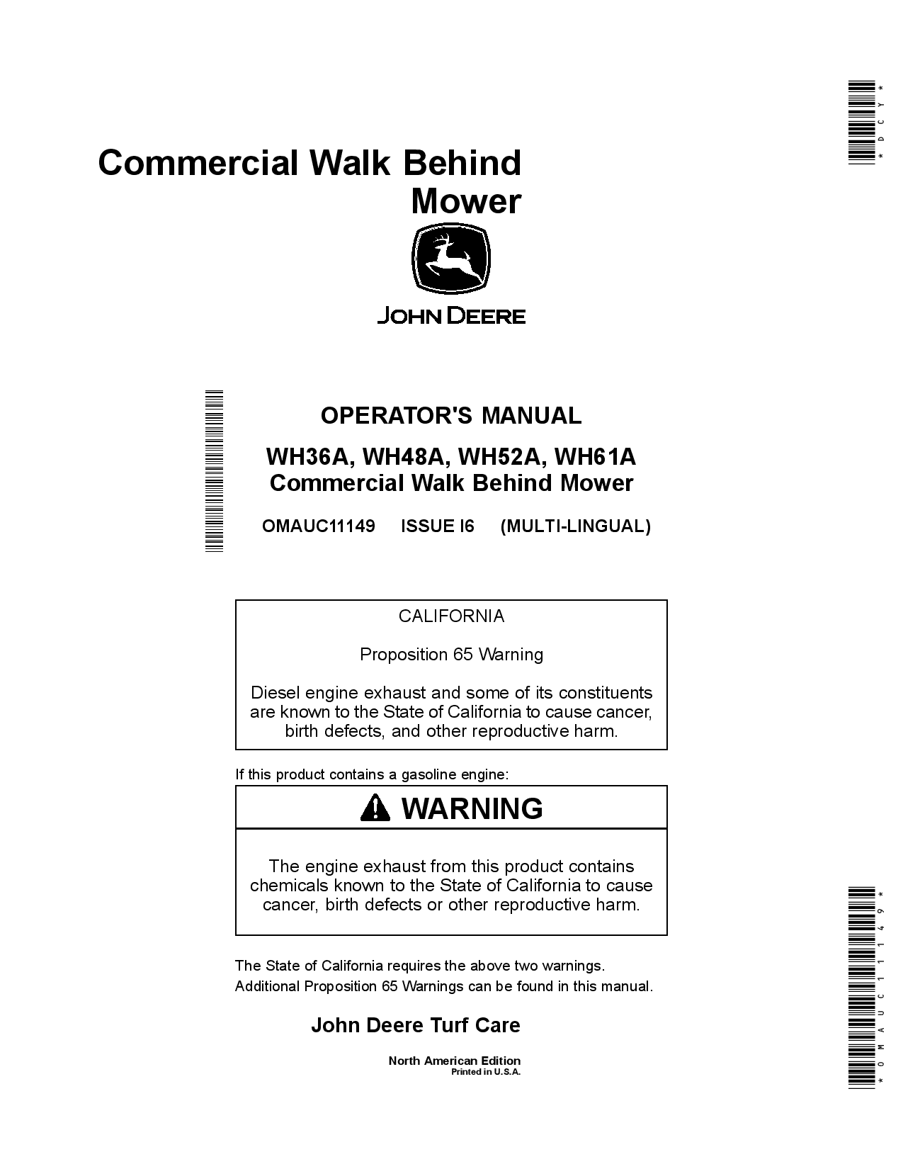 John Deere WH36A, WH48A, WH52A & WH61A Commercial Walk Behind Mowers OMAUC11149 Operators and Maintenance Manual PDF Download