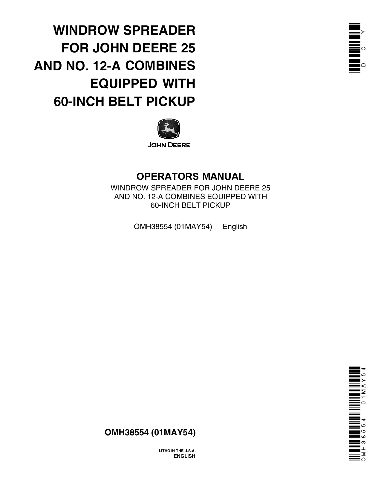 John Deere Windrow Spreader - 25, 12-A Combines OMH38554 Operators and Maintenance Manual PDF Download