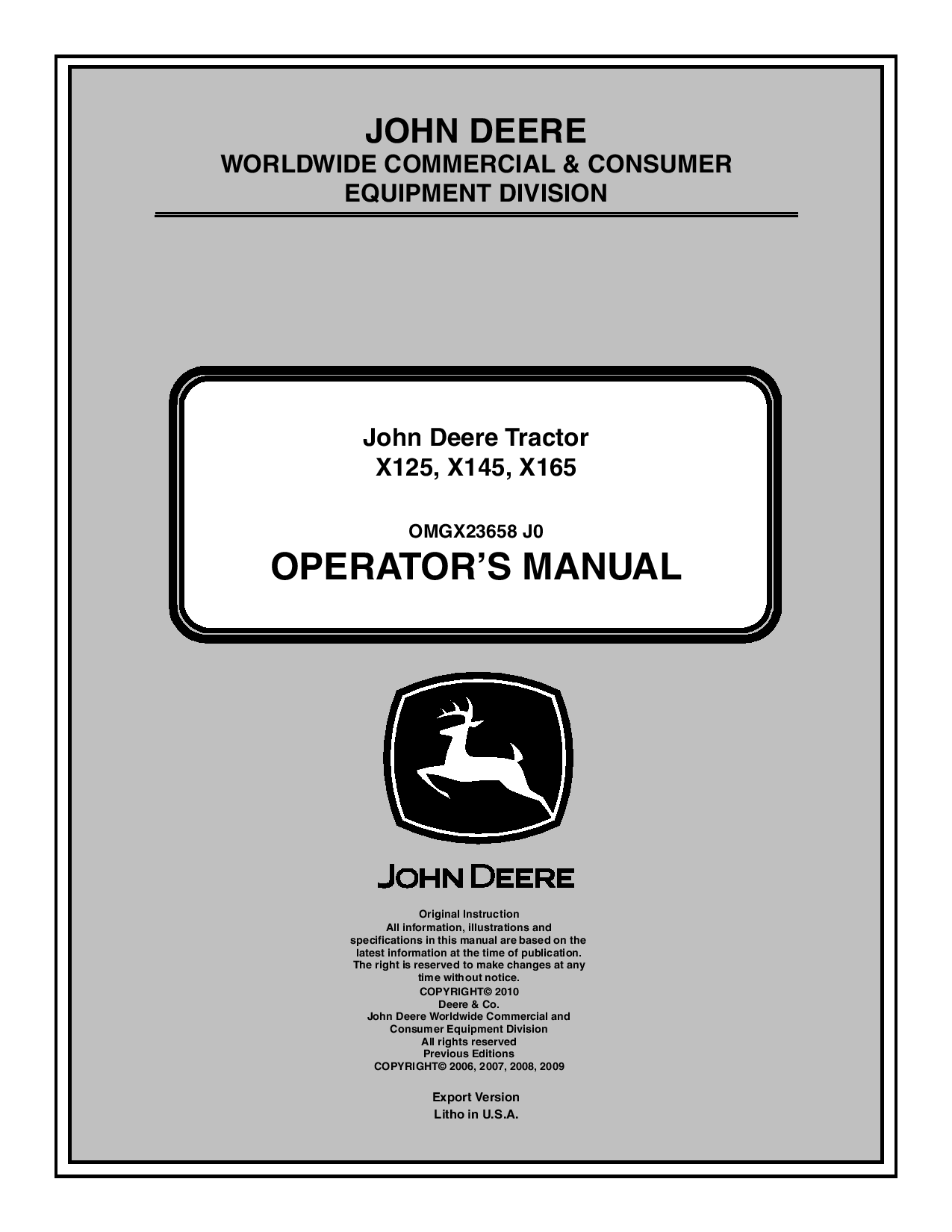 John Deere X125, X145 & X165 Lawn Tractor Export Edition (010001-020000) OMGX23658 Operators and Maintenance Manual PDF Download