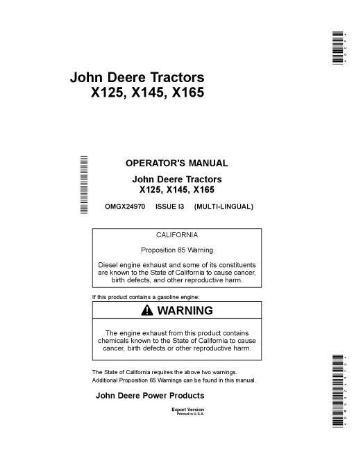 John Deere X125, X145 & X165 Lawn Tractor Export Edition (050001-058000) OMGX24970 Operators and Maintenance Manual PDF Download