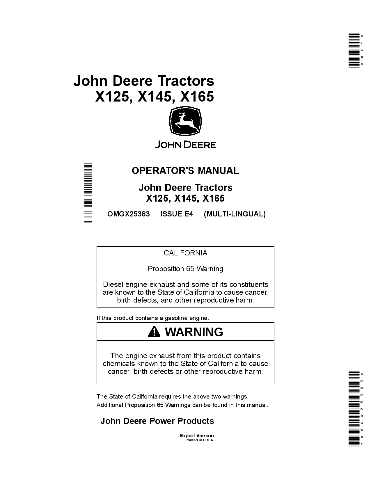 John Deere X125, X145 &X165 Lawn Tractor Export Edition (058001-100000) OMGX25383 Operators and Maintenance Manual PDF Download
