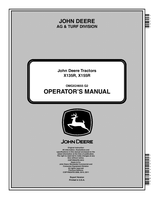 John Deere X135R & X155R Tractors Export Edition (040001-050000) OMGX24655 Operators and Maintenance Manual PDF Download