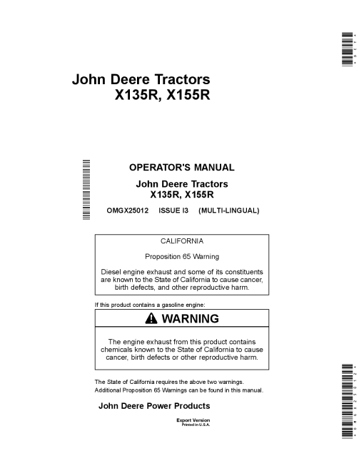 John Deere X135R & X155R Tractors Export Edition (050001-058000) OMGX25012 Operators and Maintenance Manual PDF Download