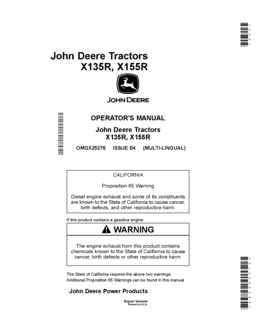 John Deere X135R & X155R Tractors Export Edition (058001-100000) OMGX25276 Operators and Maintenance Manual PDF Download