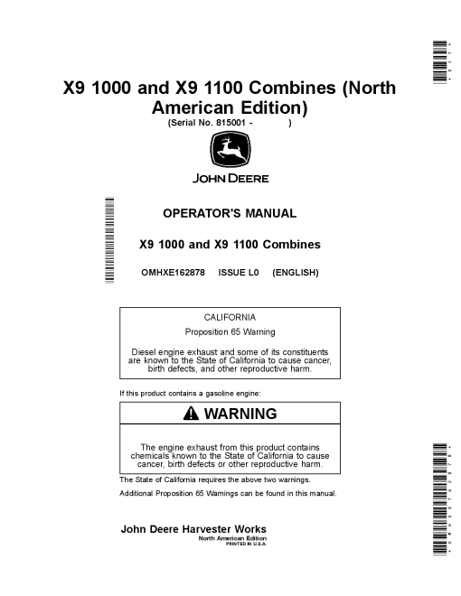 John Deere X9 1000 and X9 1100 Combines, (815001-) OMHXE162878 Operators and Maintenance Manual PDF Download