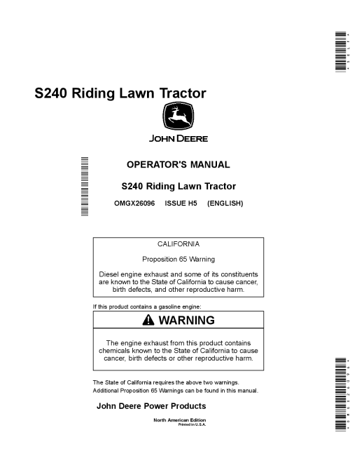 John Deere Z240 Riding Lawn TractorNorth American Edition (700001-) OMGX26096 Operators and Maintenance Manual PDF Download