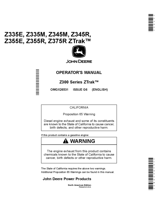 John Deere Z335E, Z335M, Z345M, Z345R, Z355E, Z355R & Z375R Ztrak (North American Edition) OMGX26531 Operators and Maintenance Manual PDF Download