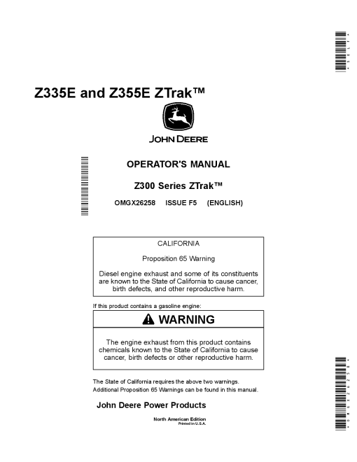 John Deere Z335E, Z355E ZTrak Zero-Turn Mowers North American Edition (010001-) OMGX26258 Operators and Maintenance Manual PDF Download