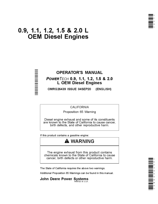 John Deere 0.9 1.1 1.21.5 2.0 L OEM Diesel Engines OMRG26439 Operation and Maintenance manual PDF Download