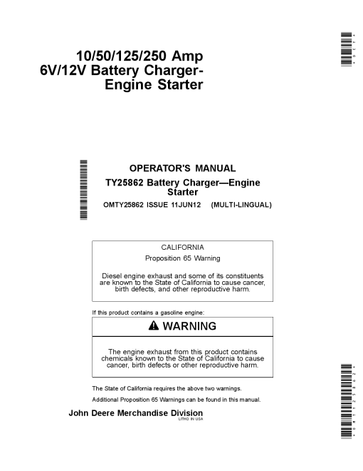 John Deere 10 50 125 250 Amp 6V 12V Battery Charger Engine Starter OMTY25862 Operation and Maintenance manual PDF Download
