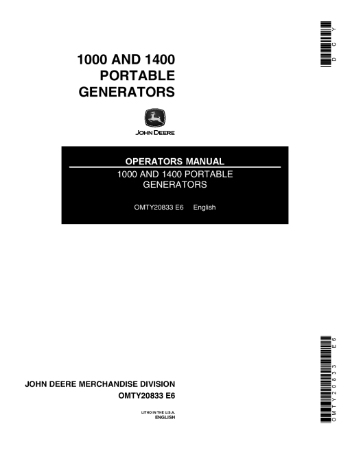 John Deere 1000 1400 Portable Generators OMTY20833 Operation and Maintenance manual PDF Download
