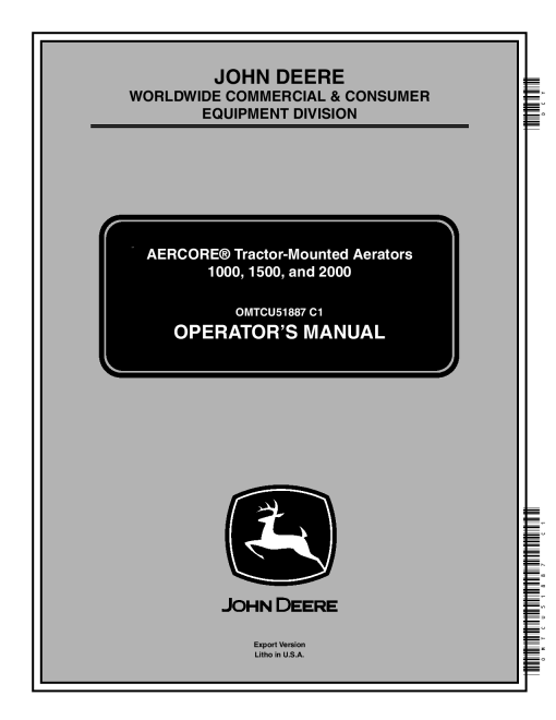 John Deere 1000 1500 2000 Aercore Tractor Mounted Aerators OMTCU51887 Operation and Maintenance manual PDF Download