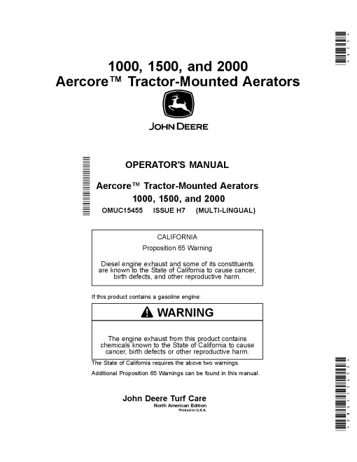 John Deere 1000 1500 2000 Aercore Tractor Mounted Aerators OMUC15455 Operation and Maintenance manual PDF Download