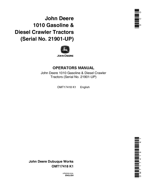 John Deere 1010 GasDiesel Crawler Tractors 021901 OMT17418 Operation and Maintenance manual PDF Download