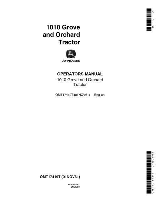 John Deere 1010 Grove Orchard Tractor OMT17419T Operation and Maintenance manual PDF Download