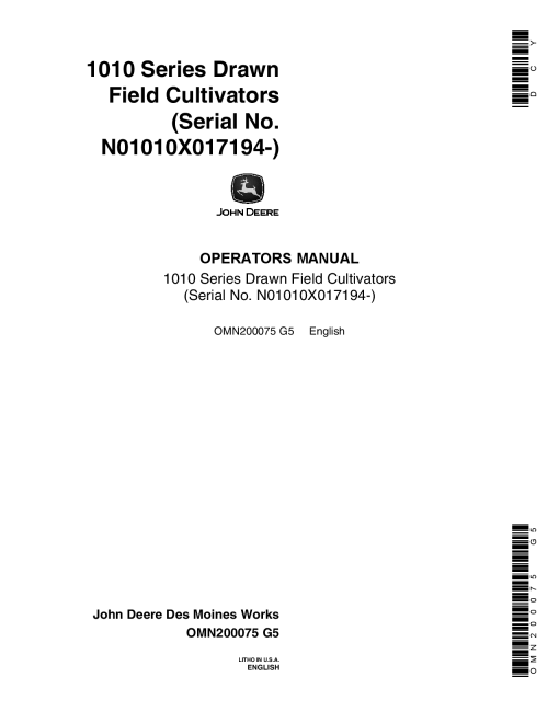 John Deere 1010 Series Field Cultivator 017194 OMN200075 Operation and Maintenance manual PDF Download