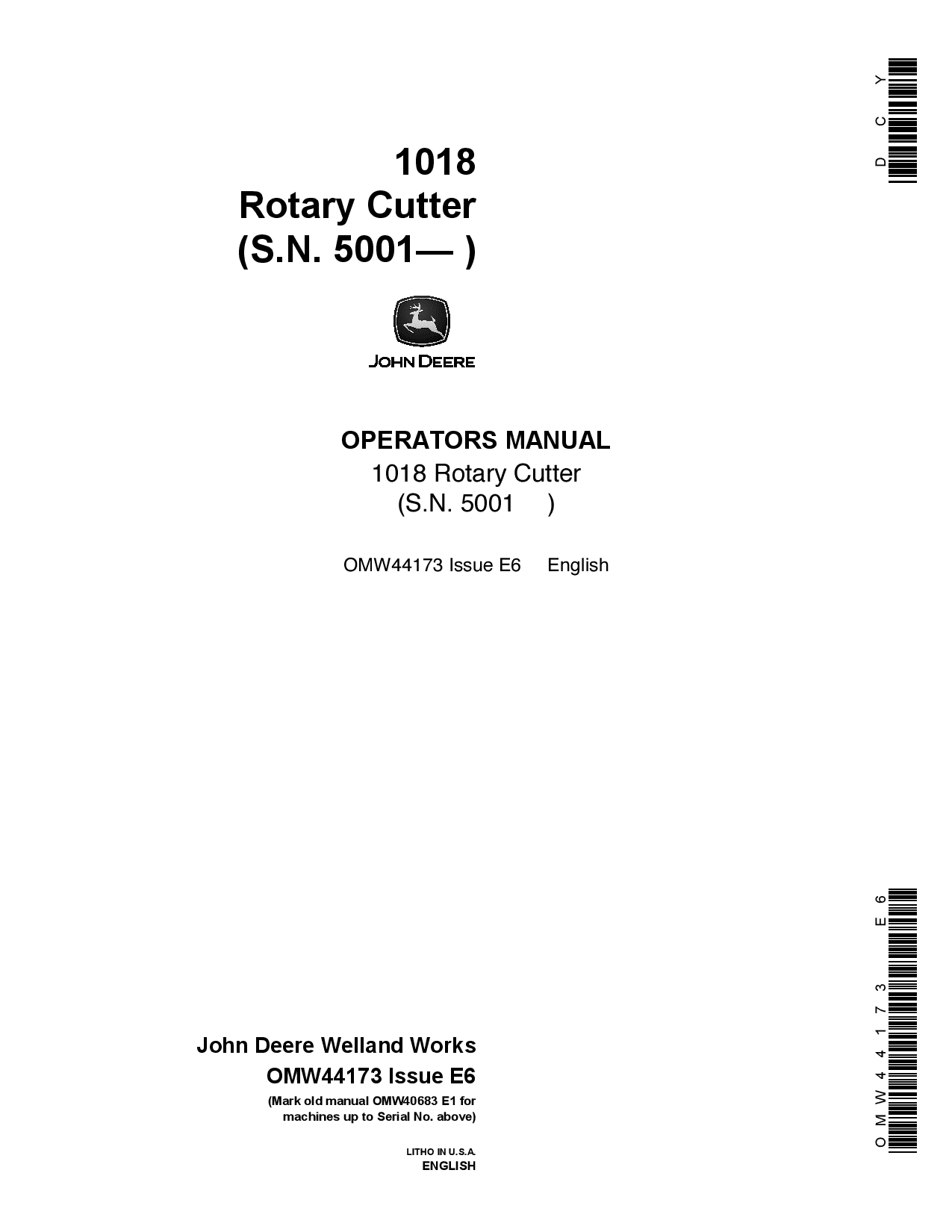 John Deere 1018 Rotary Cutter 005001 OMW44173 Operation and Maintenance manual PDF Download